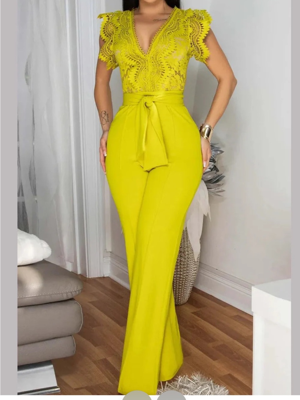 Lace-Detail Wide Leg Jumpsuit in Chartreuse